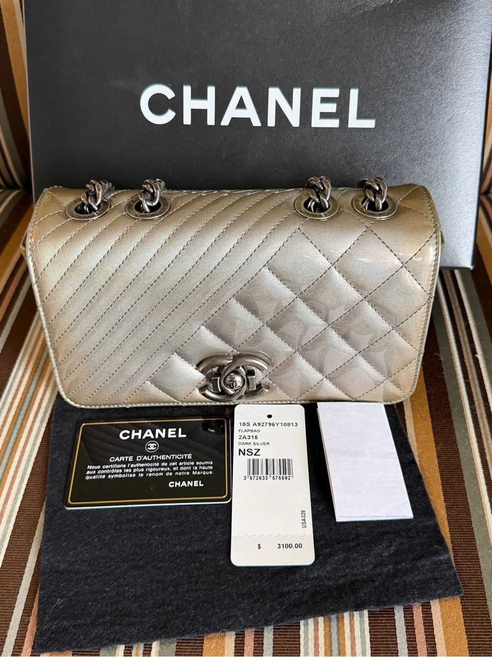 Chanel Coco Boyd Quilted Patent Leather Flap Bag in Dark Gray